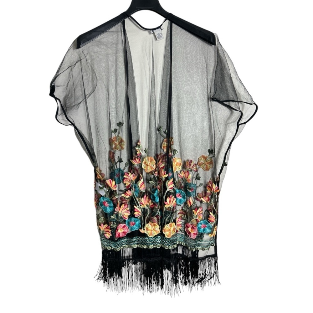 Haute Hippie Black Mesh Flower Embroidery Fringe Kimono One Size